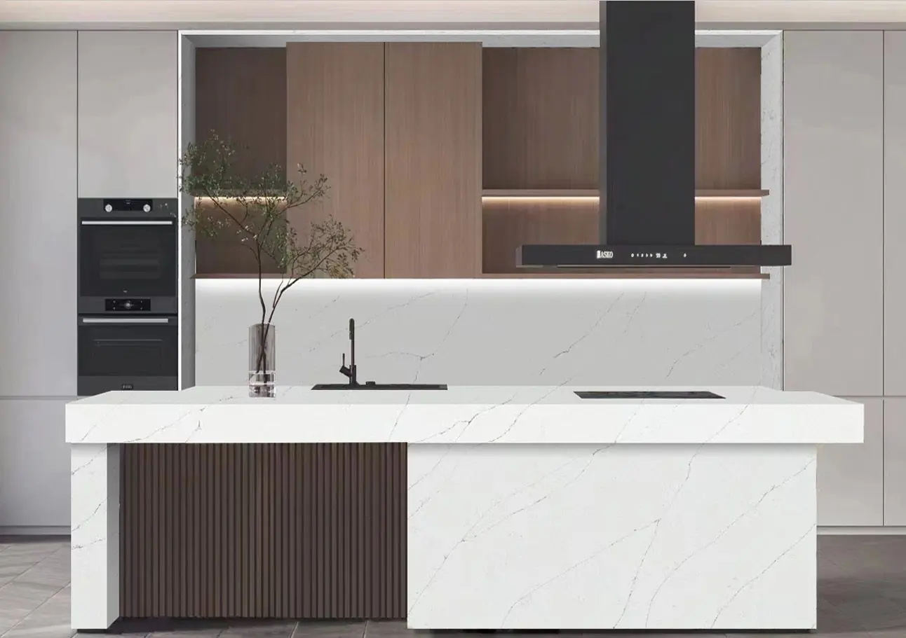 Modern kitchen island in Calacatta 5001 white quartz with waterfall edge