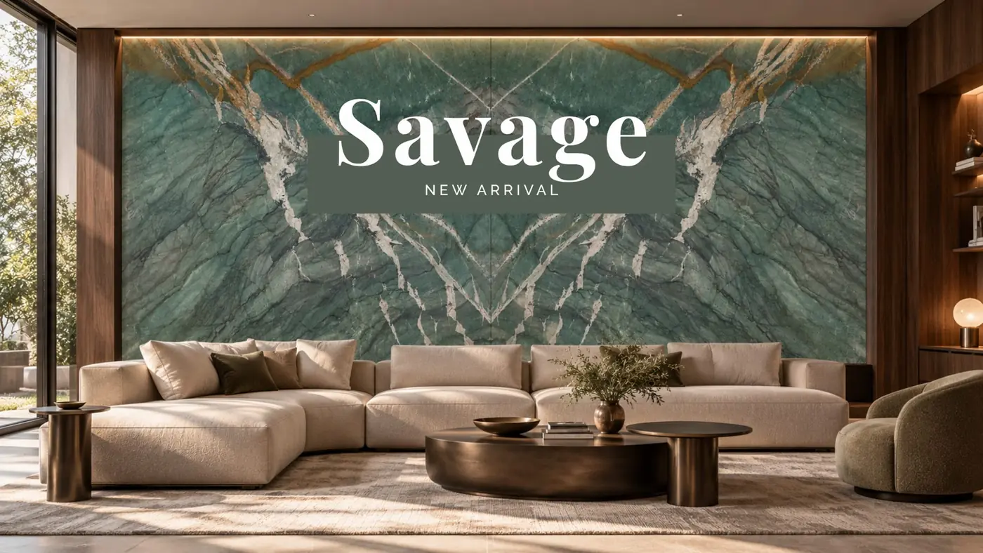 Savage quartzite slabs book-matched as a feature wall behind a sofa