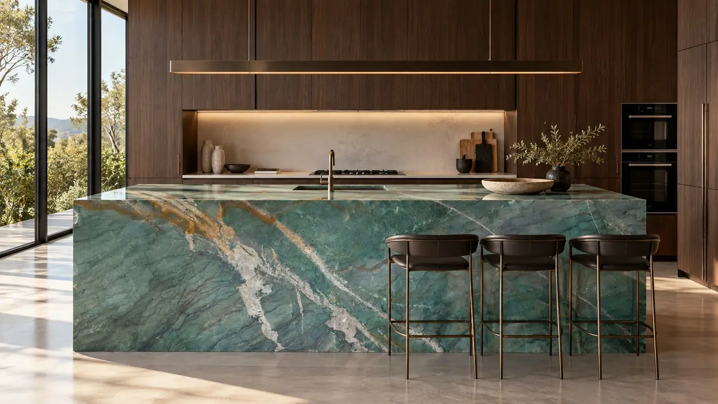 Kitchen island wrapped in green Savage quartzite with waterfall sides