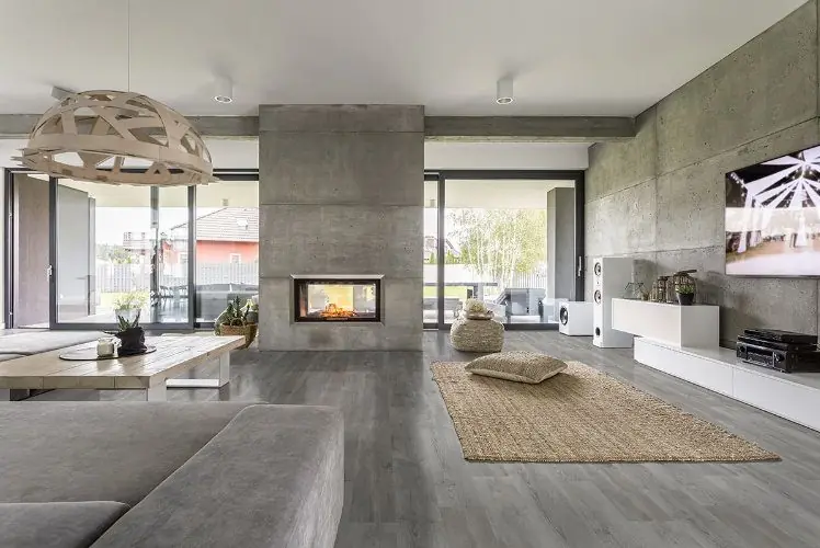 Open living room with gray wood-look luxury vinyl plank flooring